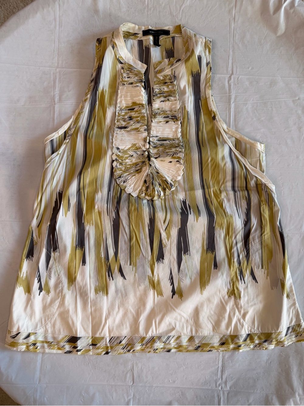 BCBGMaxAzria Olive Green and White Sleeveless Ruffle Front Top w/ Side Pockets